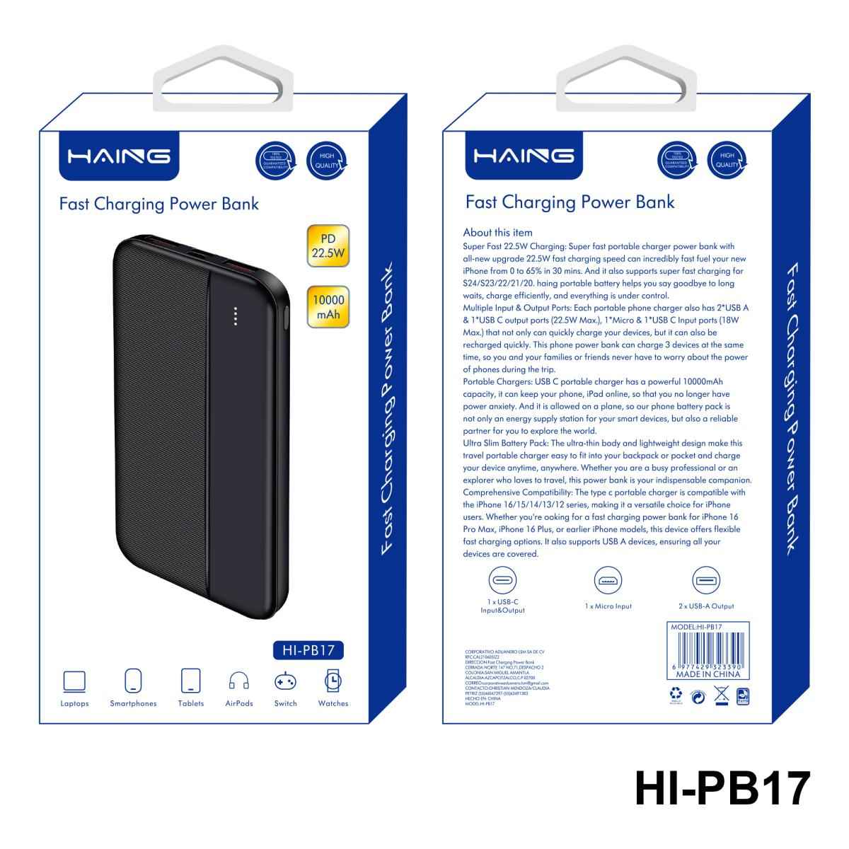 HAING HI-PB17-B Fast Charging Power Bank 10000mAh 22.5W -Black