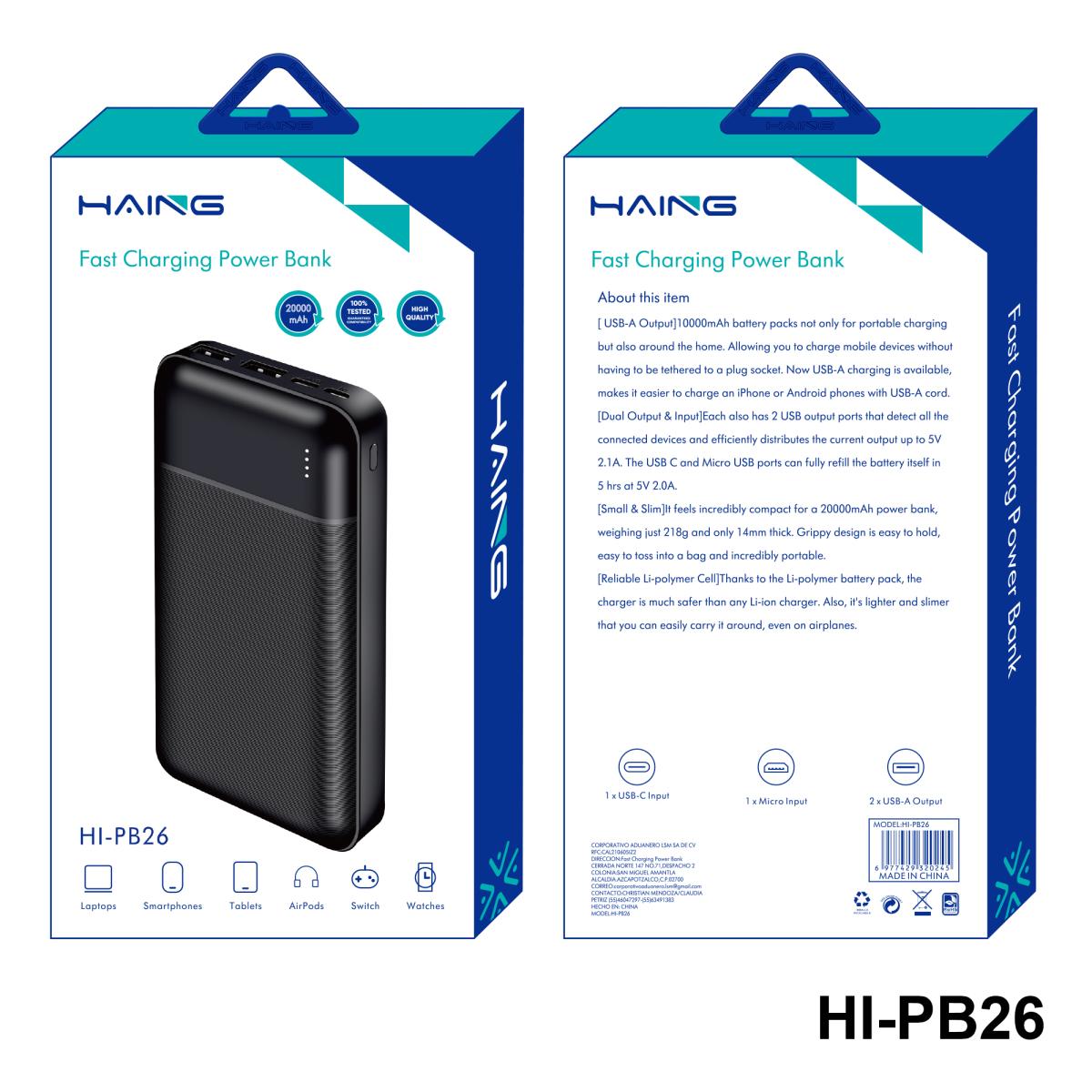 HAING HI-PB26-B Fast Charging Power Bank 22.50W 20000mAh -Black
