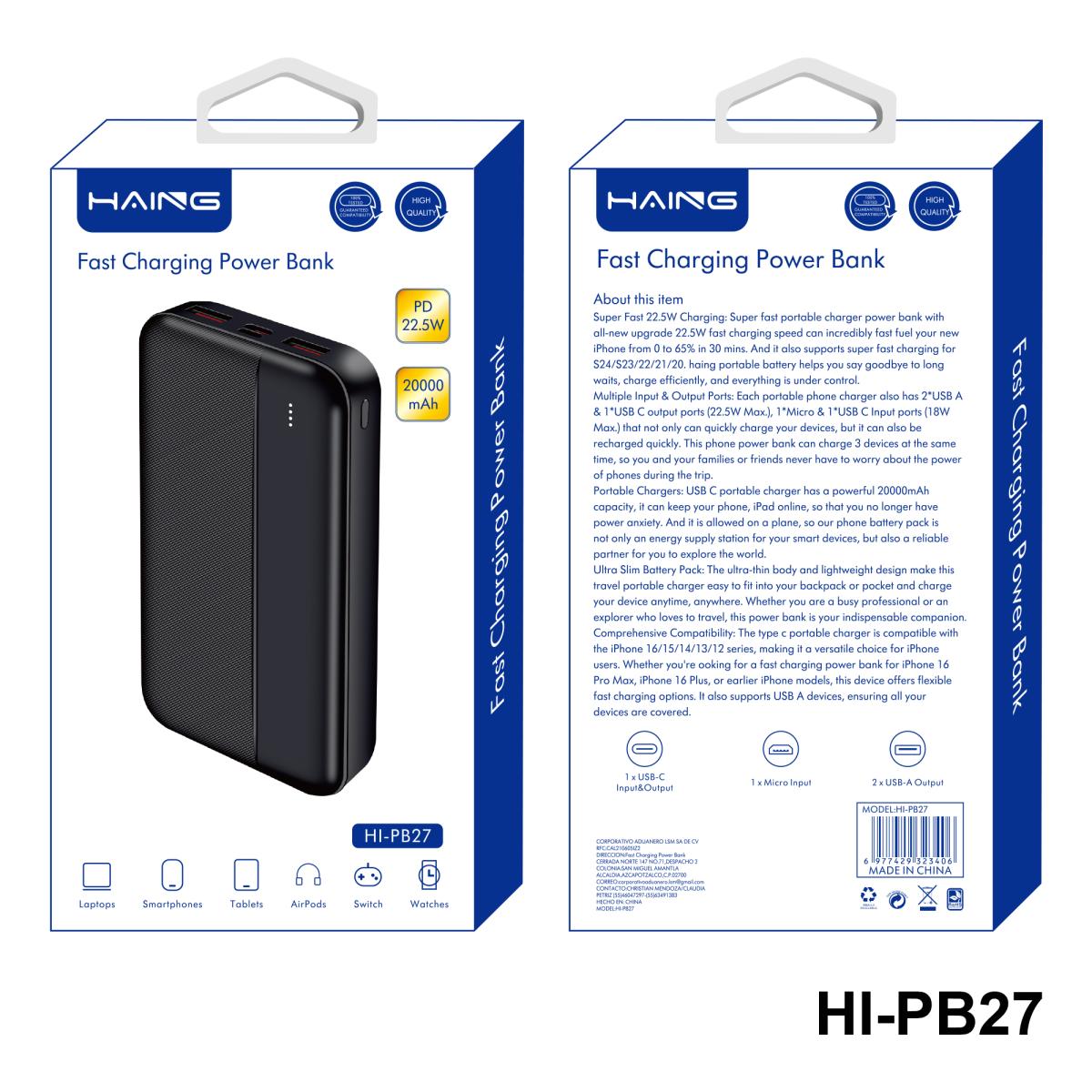HAING HI-PB27-B Fast Charging Power Bank 20000mAh 22.5W -Black