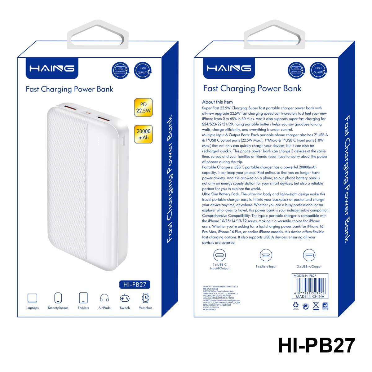 HAING HI-PB27-W Fast Charging Power Bank 20000mAh 22.5W -White