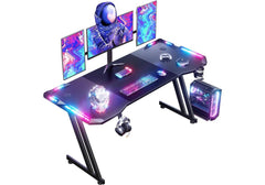 HLONONE Gaming Table - 160 x 60 cm Carbon Fiber Desk, RGB LED Lighting, Headphone Hook, Cup Holder, Cable Management, Ergonomic ZZ Frame Design