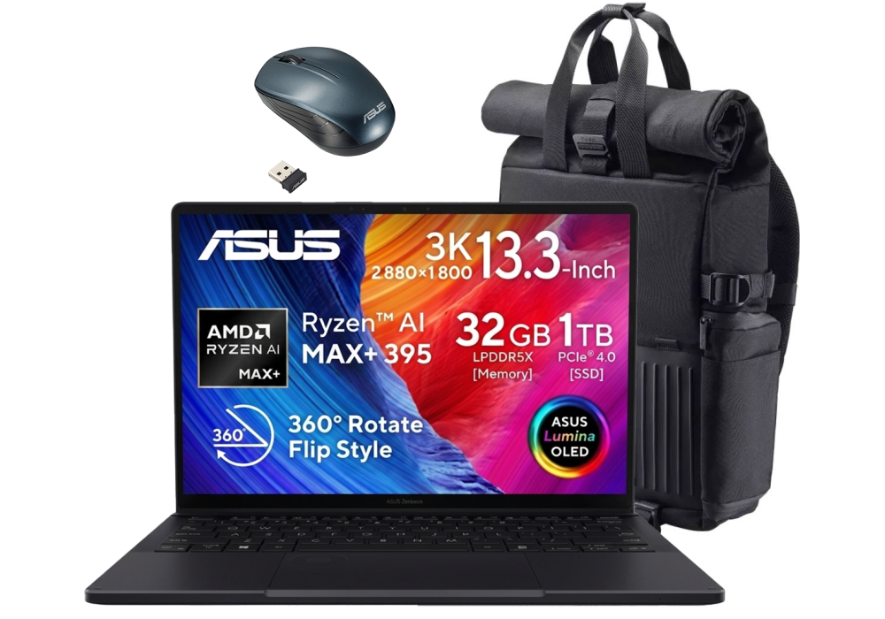 Laptop ASUS ProArt PX13, AMD Ryzen™ AI MAX+ 395 XDNA™ NPU up to 50TOPS 80MB Cache, Radeon™ 8060S Integrated Graphics, 32GB LPDDR5X, 1TB PCIe® 4.0 SSD, 13.3" 3K OLED 400nits HDR Touch, Wi-Fi 7, Windows 11 Home w/ Mouse & Backpack - Nano Black