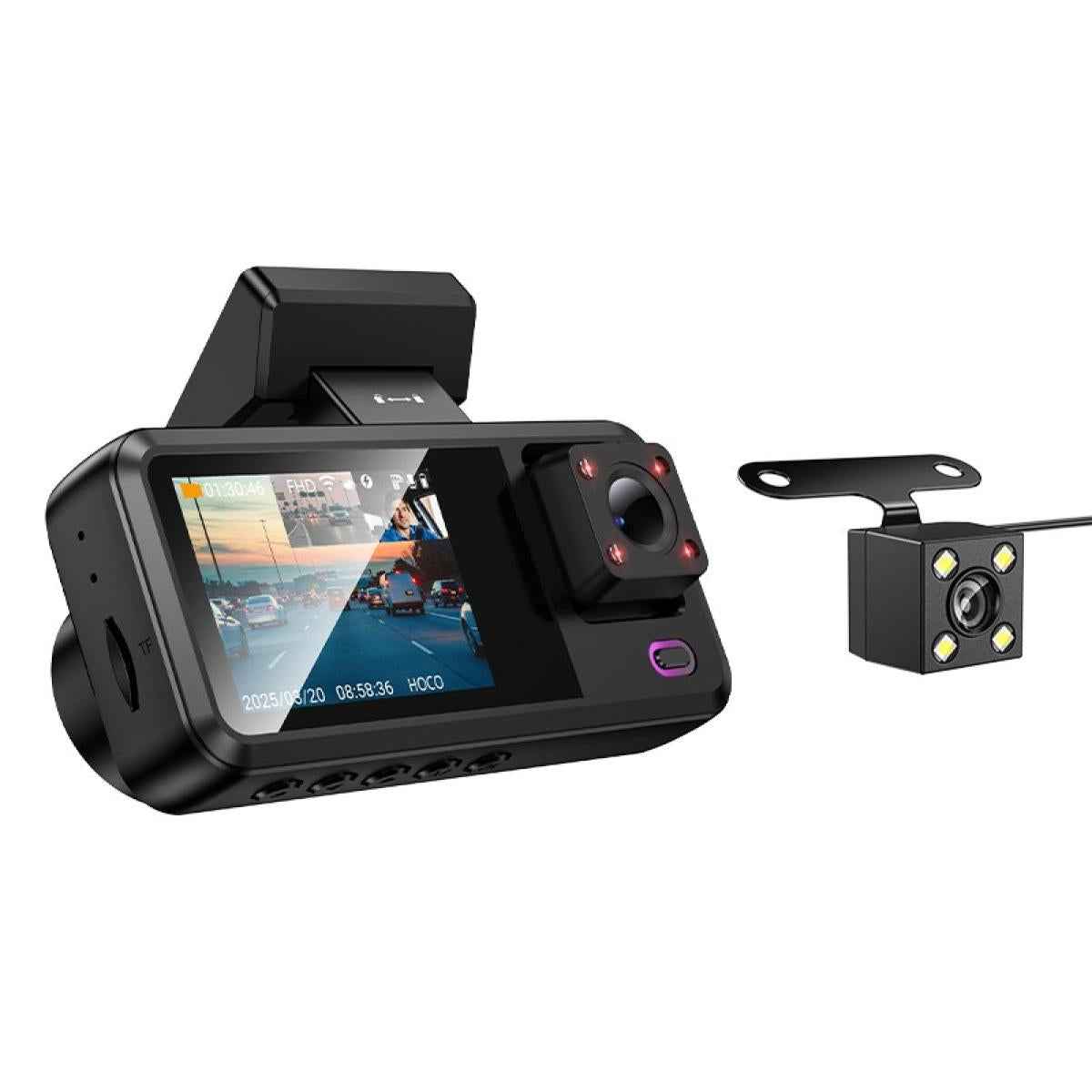 Hoco Dv15 Car Dash Camera With Front And Back 720p Video Recorder, 2 Inch Ips Hd Screen, Three Lens Type, Ultra Wide Angle Lens, Hd Night Vision Loop Recording And Sound Recording Black