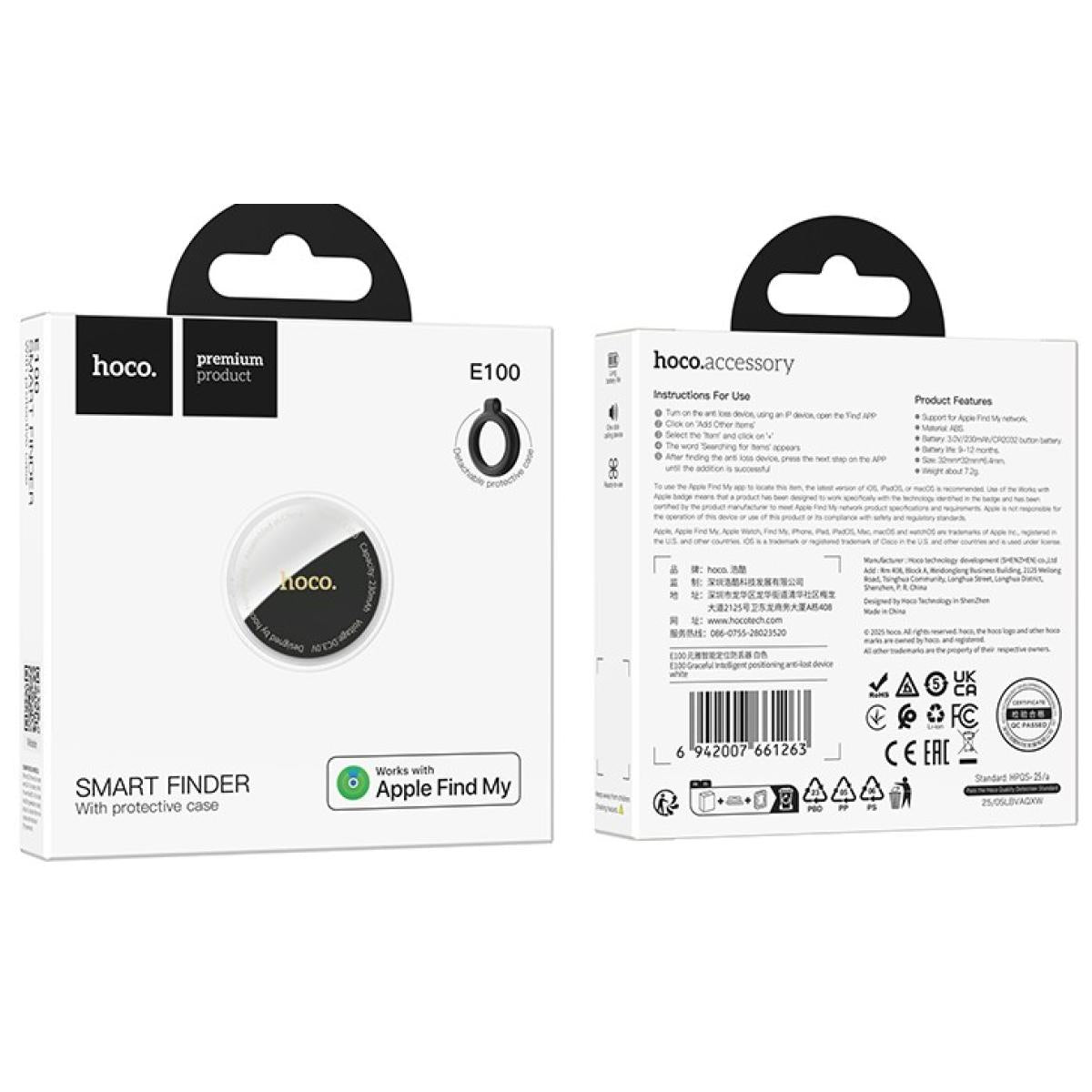 Hoco E100 Smart Tracker for Apple Mini Anti Lost Device Works with Ios Find My Network App for iPad Pro Iphone 16pro Max Wallet White
