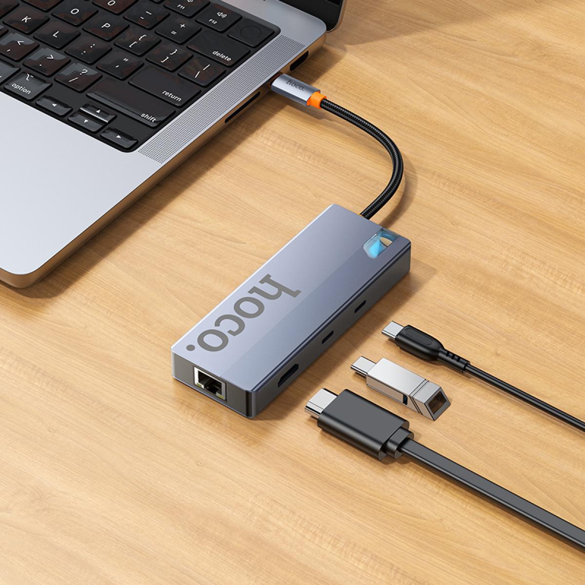 HOCO HB52 8 in 1 HUB Multi-function Converter HDMI RJ45 SD/TF PD 100W Type-C 3.0 USB 3.0 - Gray HOCO HB52 8 in 1 HUB Multi-function Converter HDMI RJ45 SD/TF PD 100W Type-C 3.0 USB 3.0 - Gray