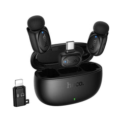 Hoco L19 Wireless Microphones, Receiver Type C With Lightning Adapter For Iphone And Android, Graceful Dual Mic Lavalier Wireless Microphone Black