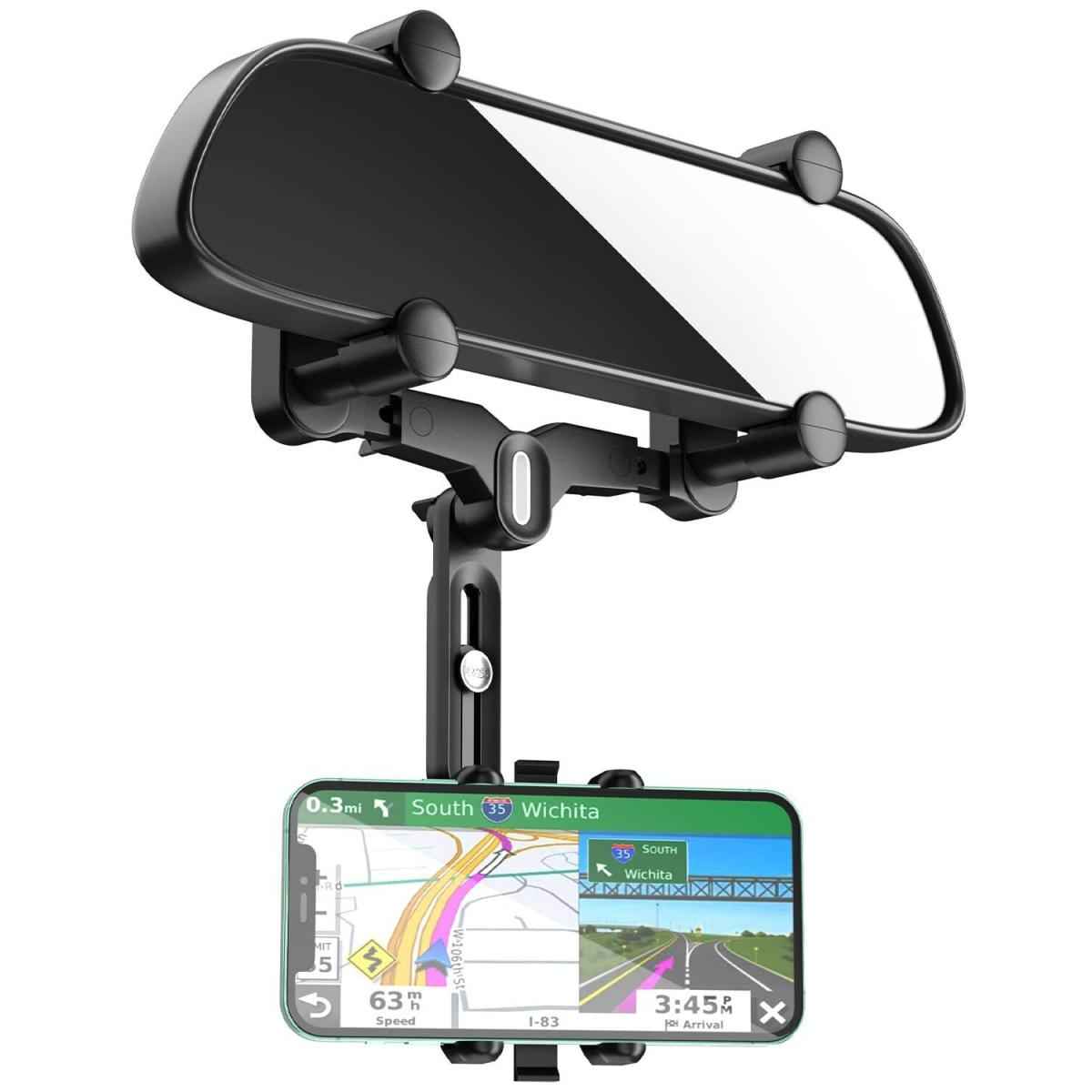 360° Rotatable Rearview Mirror Mount Clip Car Mobile Cell Phone Holder Stand