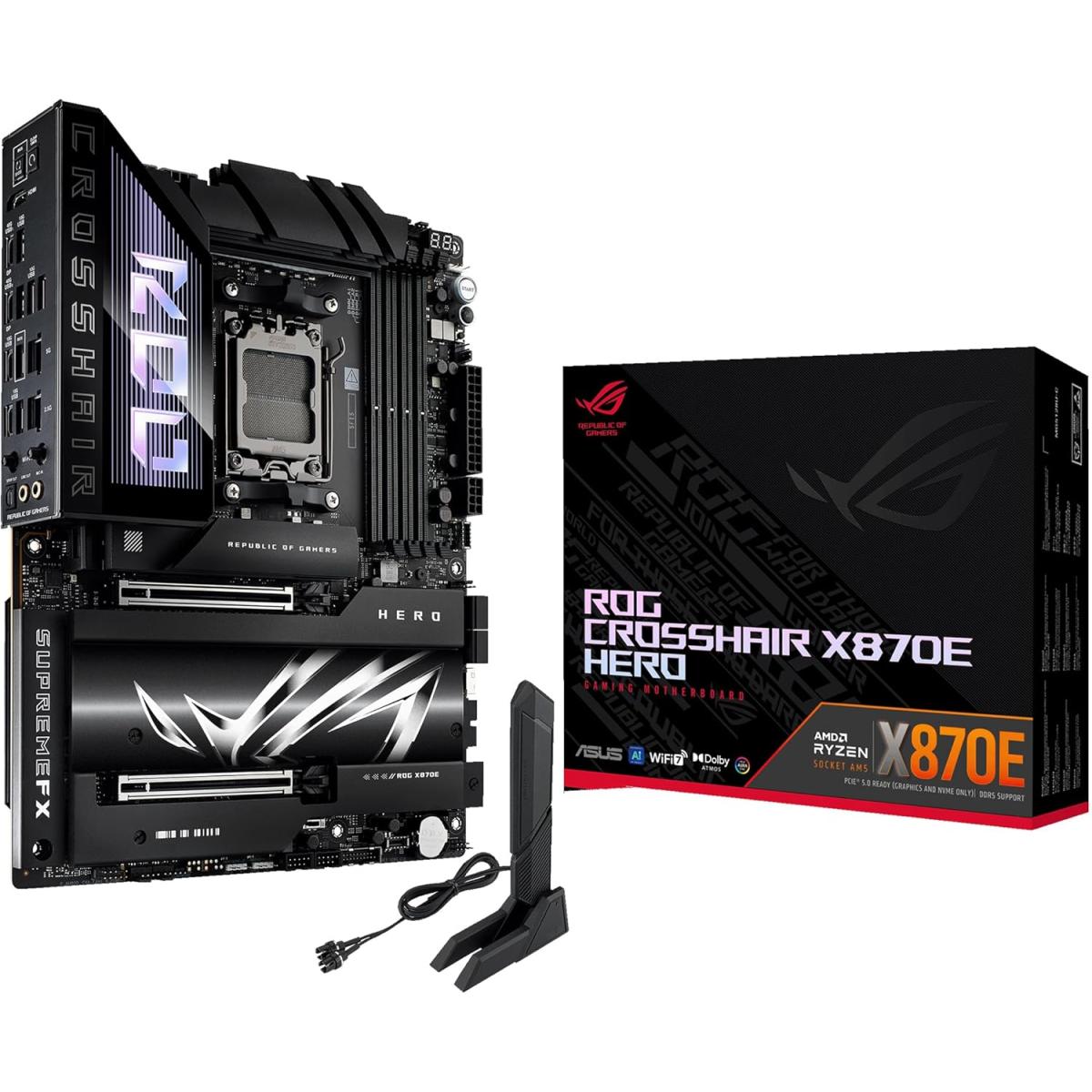 Asus Rog Crosshair X870e Hero, Amd Am5 Motherboard, Ddr5 192gb Max Support Expo, Ai Intelligence, Wi Fi 7, 2 X Usb4 Ports, Overclocking Support - CompuMe