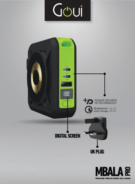 Goui Mbala Wall Charger & Pro Power Bank 10000Mah, Wireless, Black - G-KITWIRE10