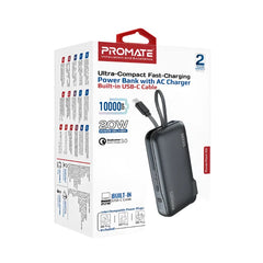 Promate Power Bank 10000Mah, 22.5Watts with 20Watts, Type-C Cable, Black - POWERPACK-10C BLK