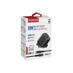 Promate Wall Charger, Type-C to Lightning, 1.2Mm, 25Watts, Black - CHARGEKIT-25PDI