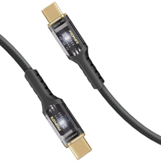 Promate Ultra Fast Charger Cable, Type-C to Type-C, 2Mm, 100Watts, Black - LUCIDLINE-CC200