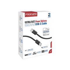 Promate Ultra Fast Charger Cable, Type-C to Type-C, 2Mm, 60Watts, Black - ECOLINE-CC200