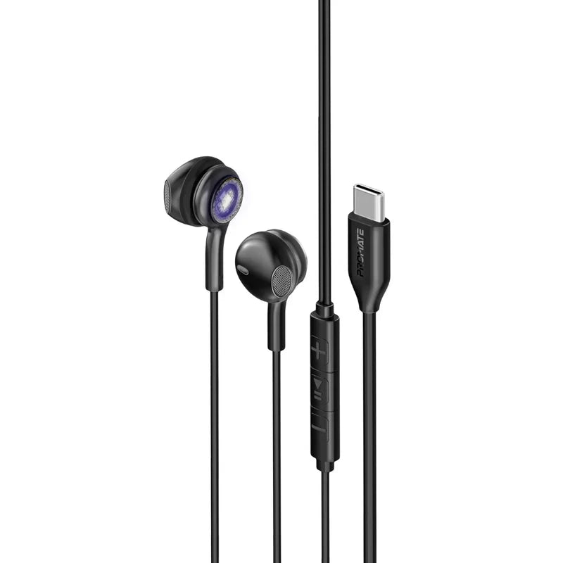 Promate Lumibuds-C Transparent Stereo Wired, Type-C, Earphones with Rgb, Black - LUMIBUDS-C BLK
