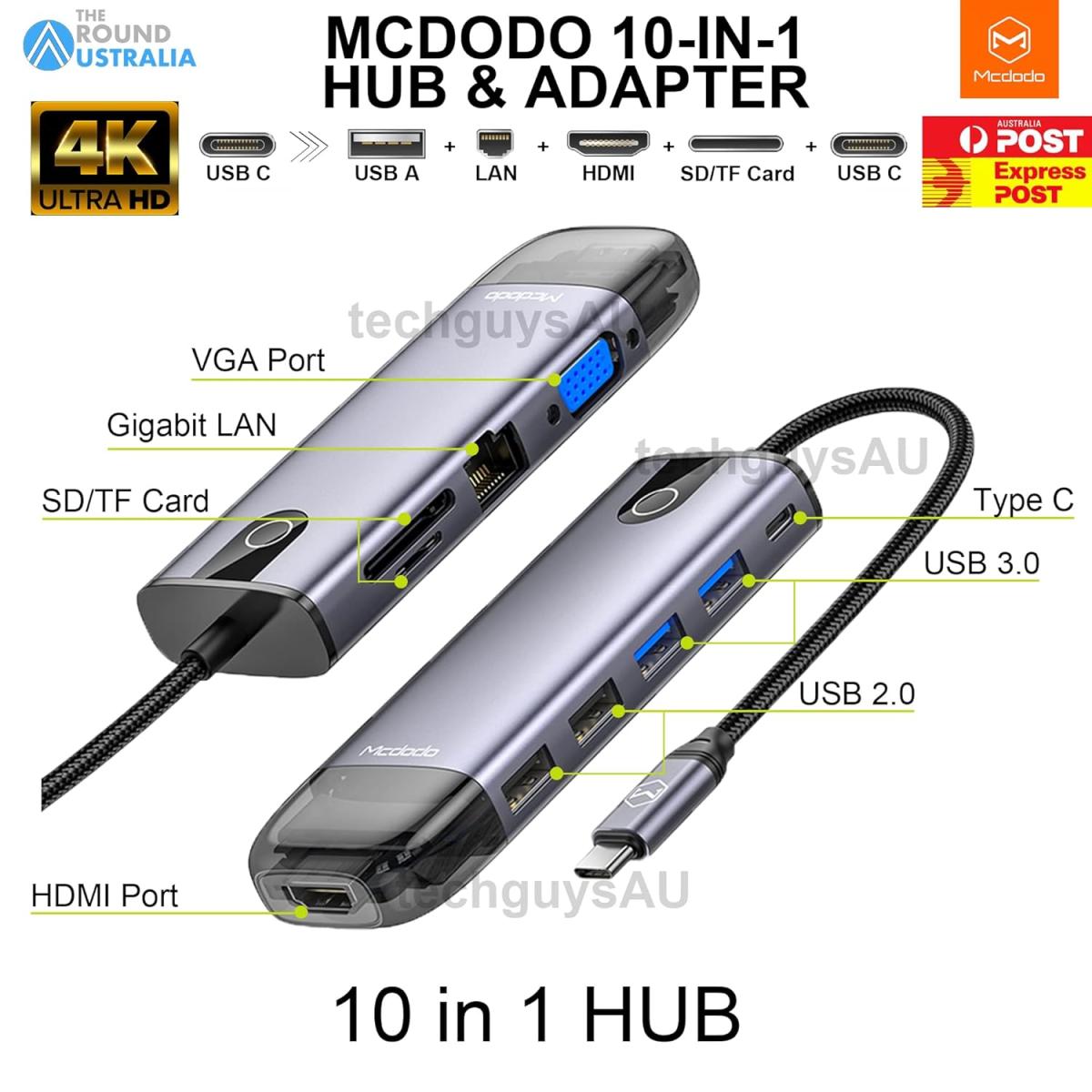 Mcdodo Hu 7420 10 In 1 Hub, Aluminum Allow + Nylon Materials, Hdmi, Usb A*2, Usb A3.0*2, Vga, Usb C (pd 100w), Ethernet Ports, Sd/tf Card Slot Mcdodo Hu 7420 10 In 1 Hub, Aluminum Allow + Nylon Materials, Hdmi, Usb A*2, Usb A3.0*2, Vga, Usb C (pd 100w), Ethernet Ports, Sd/tf Card Slot