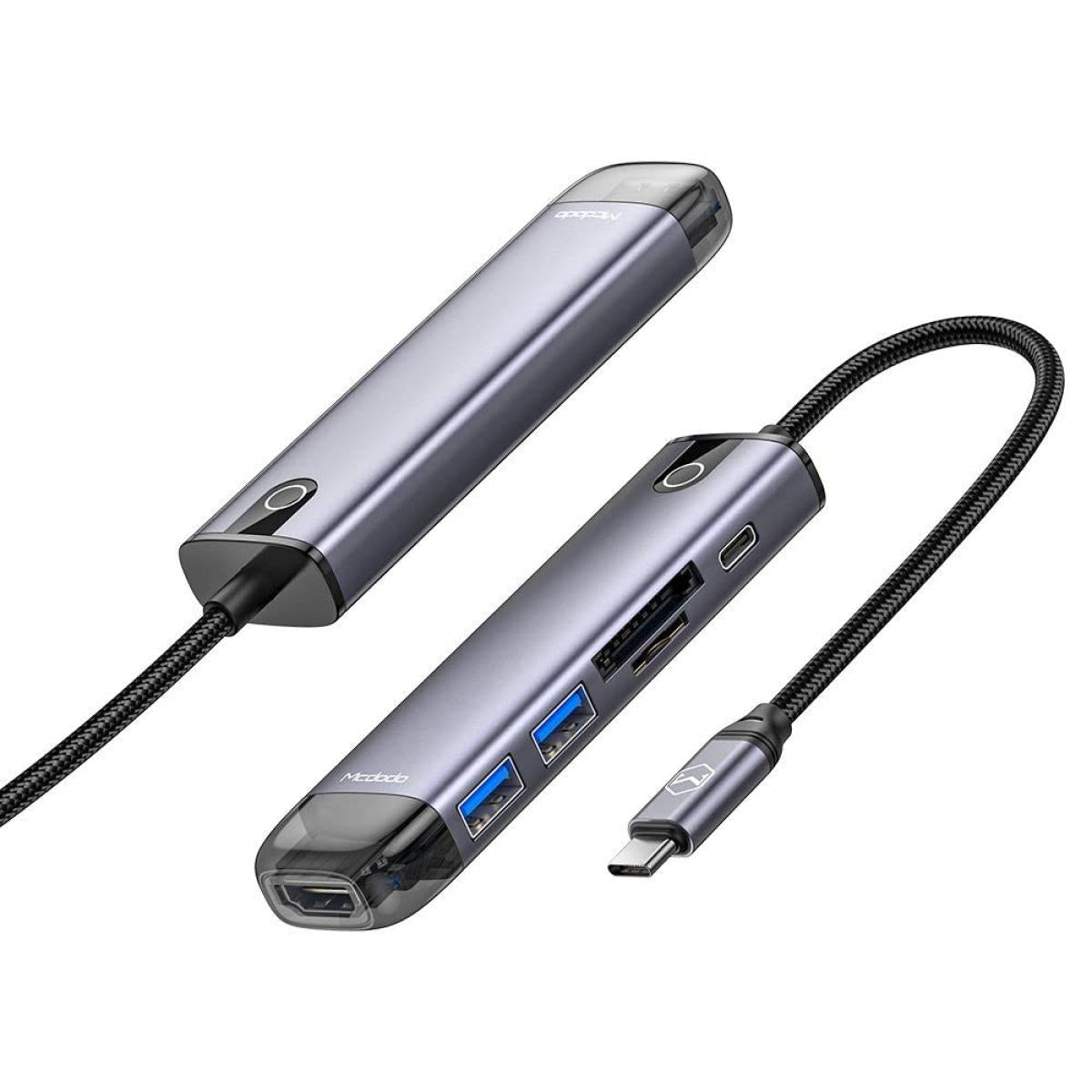 Mcdodo Hu 7740 6 In 1 Hub, Aluminum Allow + Nylon Materials, Hdmi, Usb A3.0 X2, Vga, Usb C (pd 100w), Sd/tf Card Slot Mcdodo Hu 7740 6 In 1 Hub, Aluminum Allow + Nylon Materials, Hdmi, Usb A3.0 X2, Vga, Usb C (pd 100w), Sd/tf Card Slot