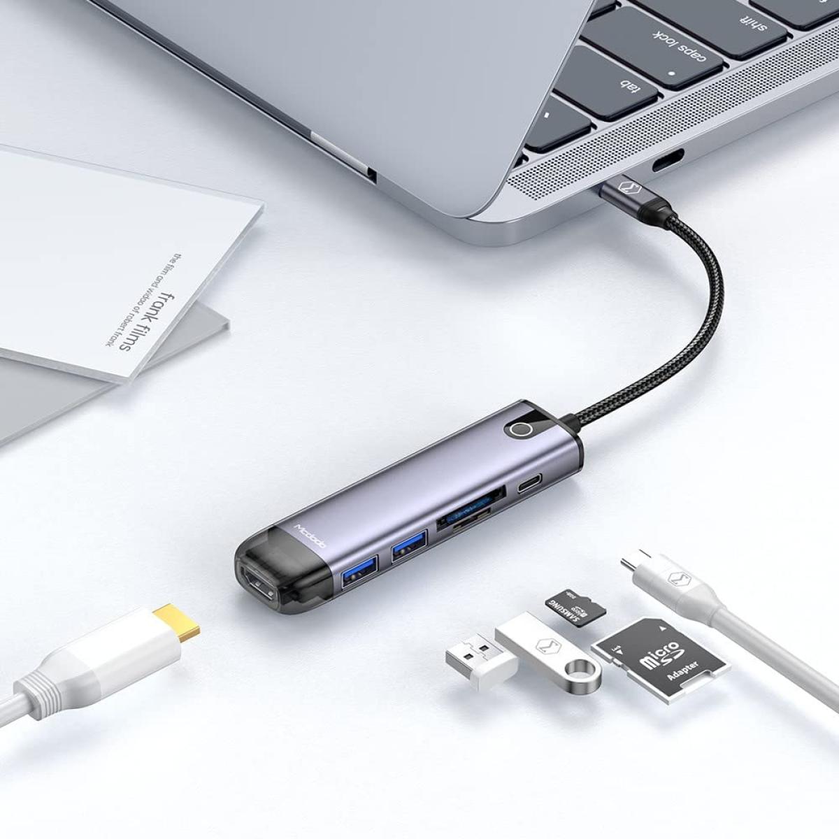 Mcdodo Hu 7740 6 In 1 Hub, Aluminum Allow + Nylon Materials, Hdmi, Usb A3.0 X2, Vga, Usb C (pd 100w), Sd/tf Card Slot Mcdodo Hu 7740 6 In 1 Hub, Aluminum Allow + Nylon Materials, Hdmi, Usb A3.0 X2, Vga, Usb C (pd 100w), Sd/tf Card Slot