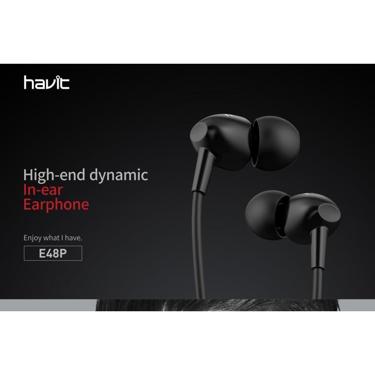 Havit High-end Dynamic In Ear Design E48p Earphone - Black, Wired Havit High-end Dynamic In Ear Design E48p Earphone - Black, Wired