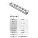 Yamatik VEGA‑105W Power Strip – 5× AC Outlets, 16A Rated, 220–250V, PP Material with Safety Shutter, Copper Connection, Multiple Cable Length Options