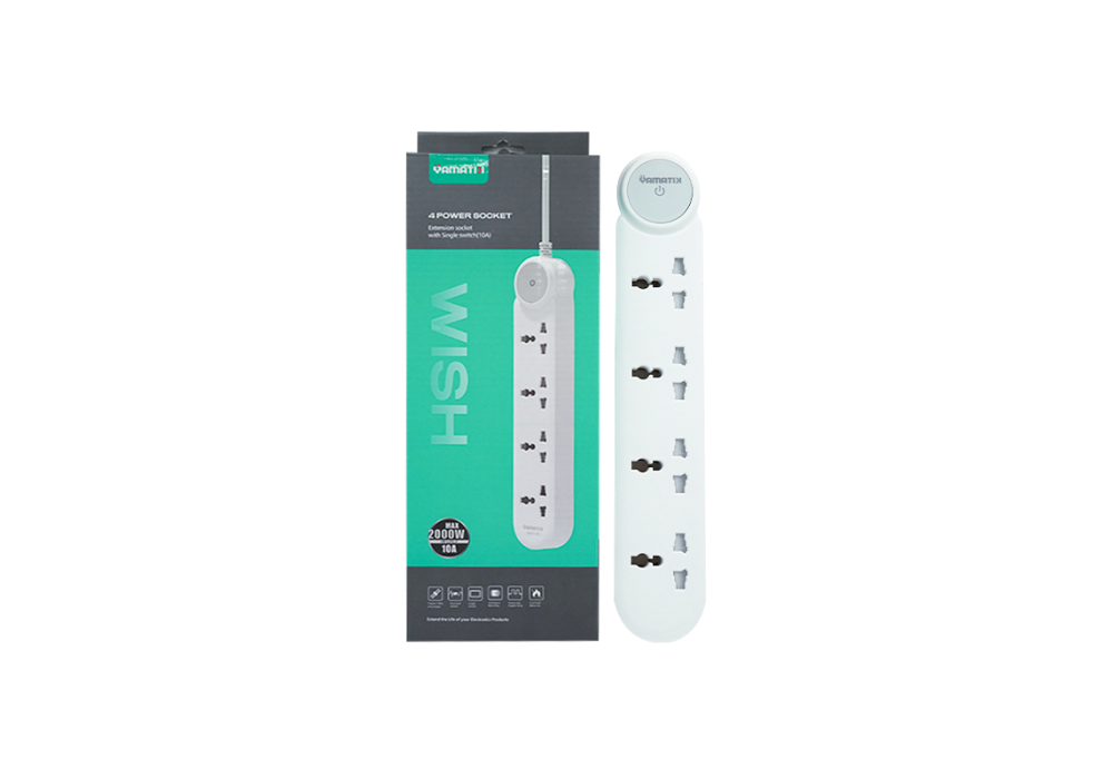 Yamatik WISH‑104 Power Strip Office Extension Cord – 2m Cable, 4× AC Outlets, 220–250V, 10A Rated, Standard Grounding, Modular Push Switch Design