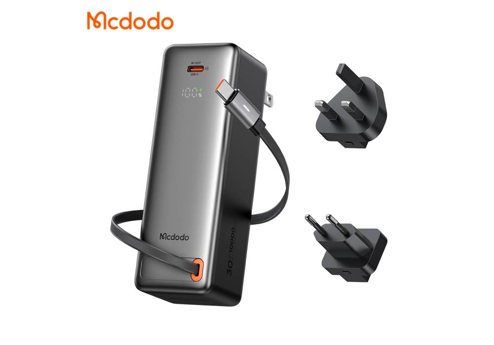 Mcdodo 318 30W 3-in-1 Digital Display Power Bank 10000mAh Retractable Cable & Interchangeable UK/EU/US Plugs Fast Charger - 18 Month Warranty