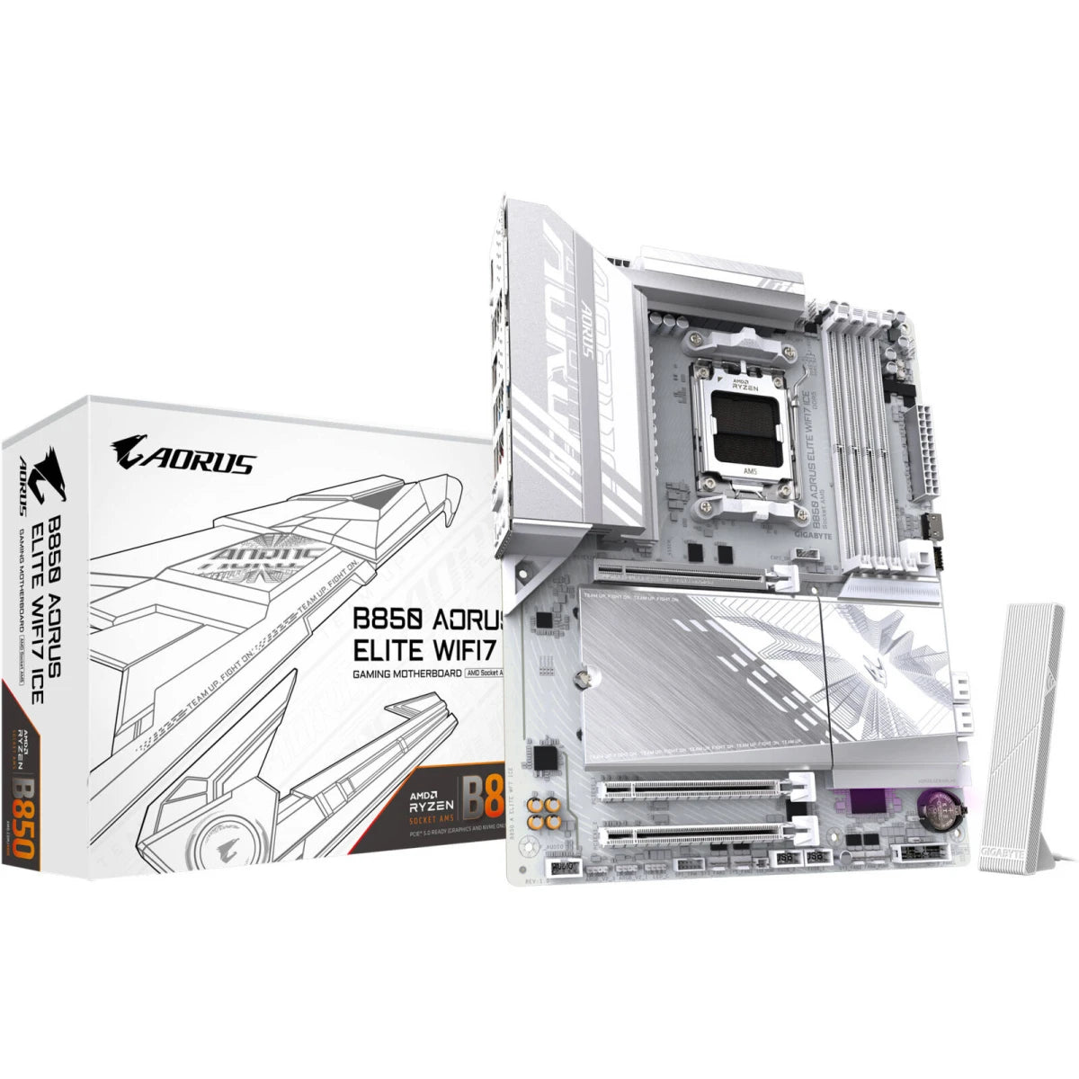 GIGABYTE B850 Aorus Elite WIFI7 ICE AM5 ATX Motherboard, AMD B850 Chipset, 4x DDR5 DIMM Slots, Up to 256GB Max Memory, 1x PCIe 5.0 x16, 3x M.2 Slots, WiFi & BT, White