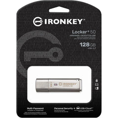 Kingston Ironkey Locker+ 50 128GB Encrypted Flash Drive USB 3.2 XTS-AES Protection Multi-Password Security Options Automatic Cloud Backup Metal Casing