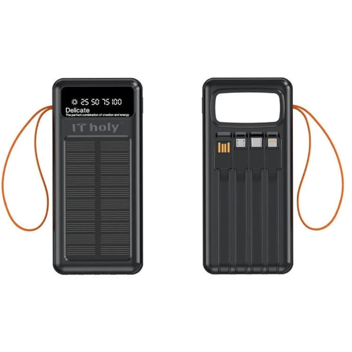 IT Holy B53 Solar Power Bank 50000mAh, 10W Charging | Solar Panel Portable Charger with 4 built-in cables | Digital Display LED Torch | Compatible with Smartphones Tablets - Black