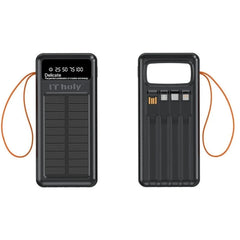 IT Holy B53 Solar Power Bank 50000mAh, 10W Charging | Solar Panel Portable Charger with 4 built-in cables | Digital Display LED Torch | Compatible with Smartphones Tablets - Black