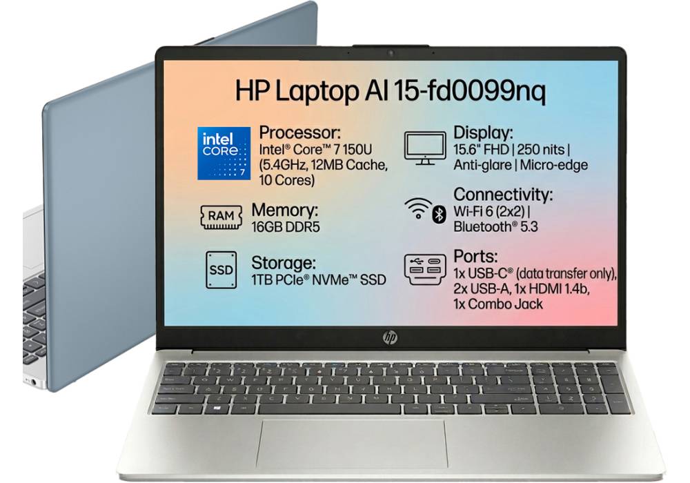 HP AI Business Laptop 15-fd0099nq, Intel Core 7 150U 5.4GHz 10 Cores, 16GB DDR5, 1TB PCIe SSD, 15.6" FHD, WiFi 6, BT 5.4 - Moonlight Blue, Natural Silver