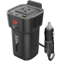 Promate 4-In-1 Multi-Port DC to AC Car Power Inverter with 150W AC Socket, Dual PD30W USB-C Ports, QC18W USB-A Ports, LED Power Indicators, Dedicated AC ON/OFF Button, Charge Protection - Black