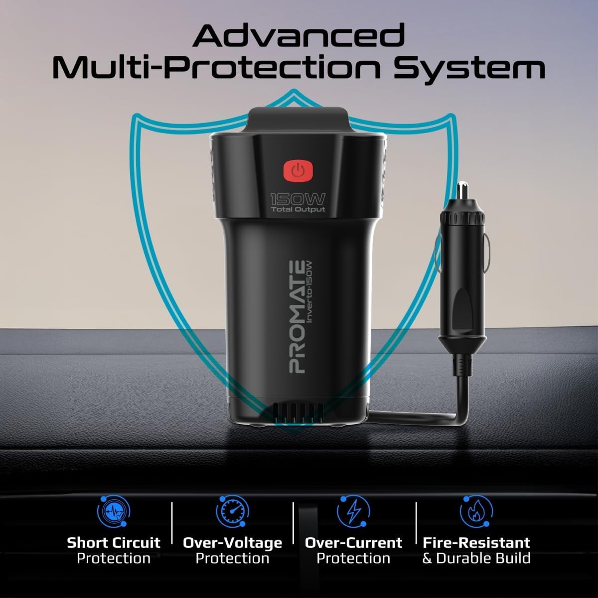 Promate 4 - In - 1 Multi - Port DC to AC Car Power Inverter with 150W AC Socket