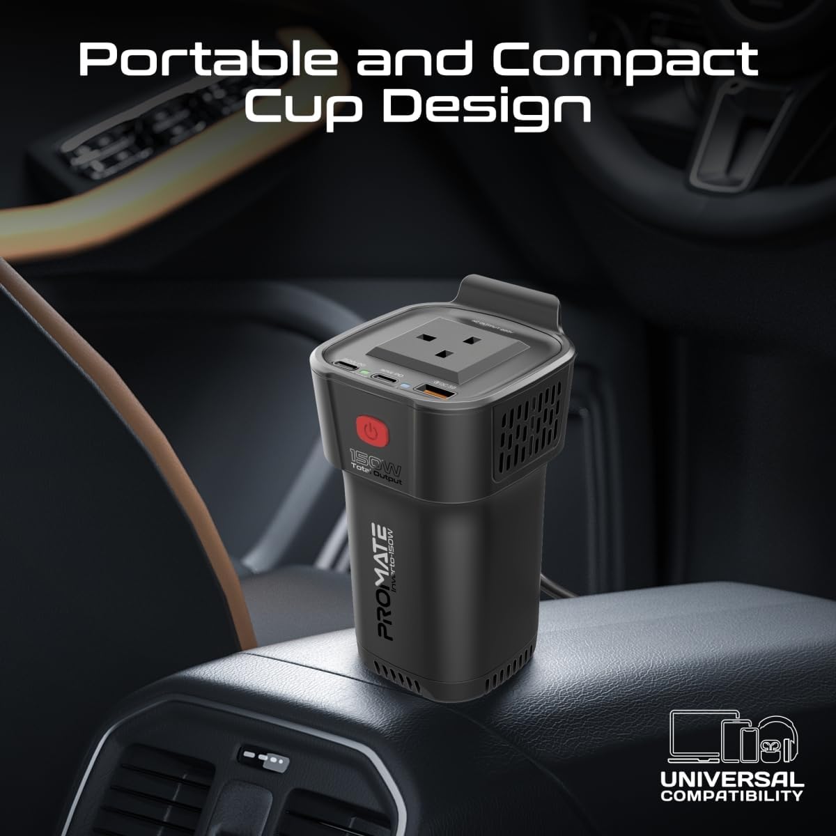 Promate 4 - In - 1 Multi - Port DC to AC Car Power Inverter with 150W AC Socket