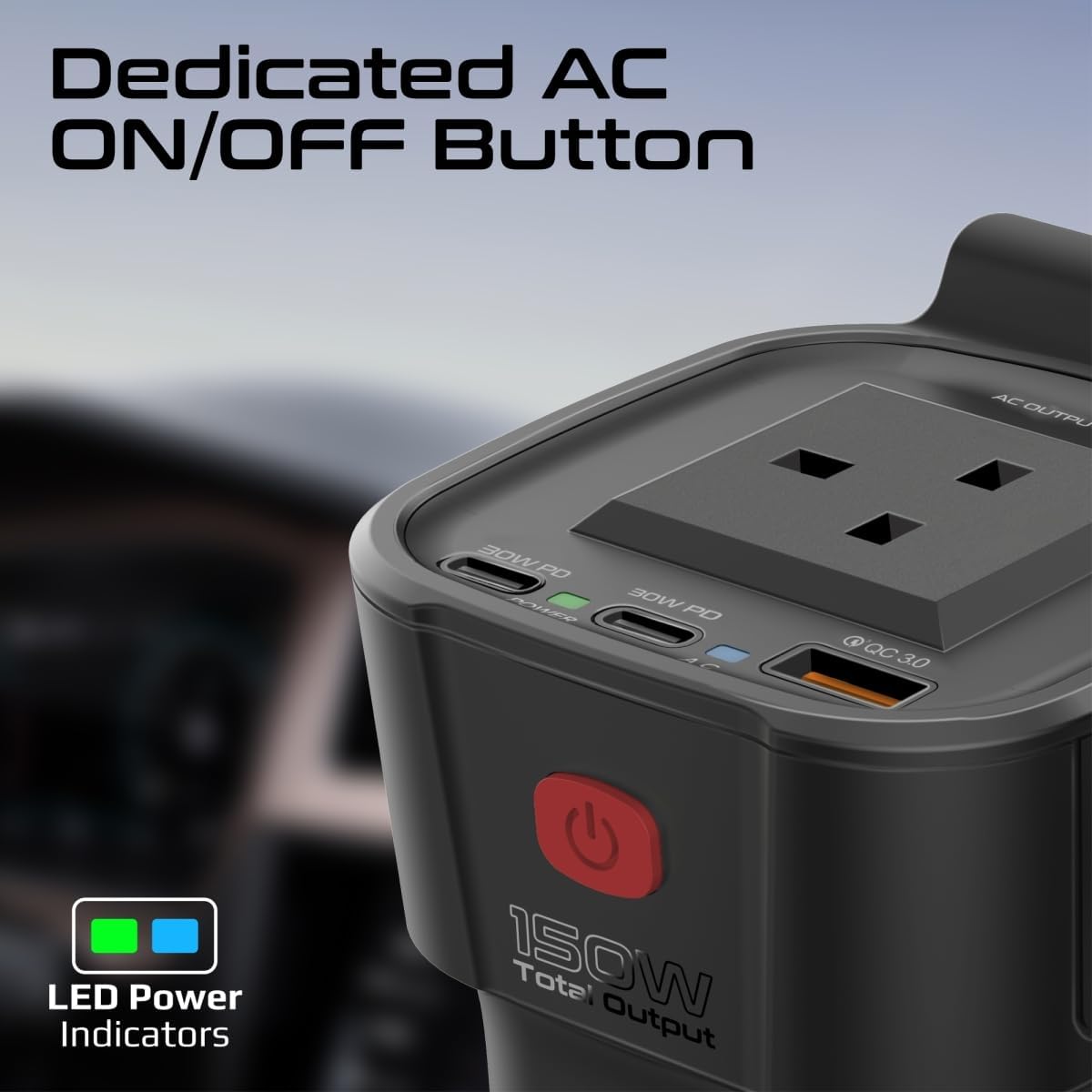 Promate 4 - In - 1 Multi - Port DC to AC Car Power Inverter with 150W AC Socket