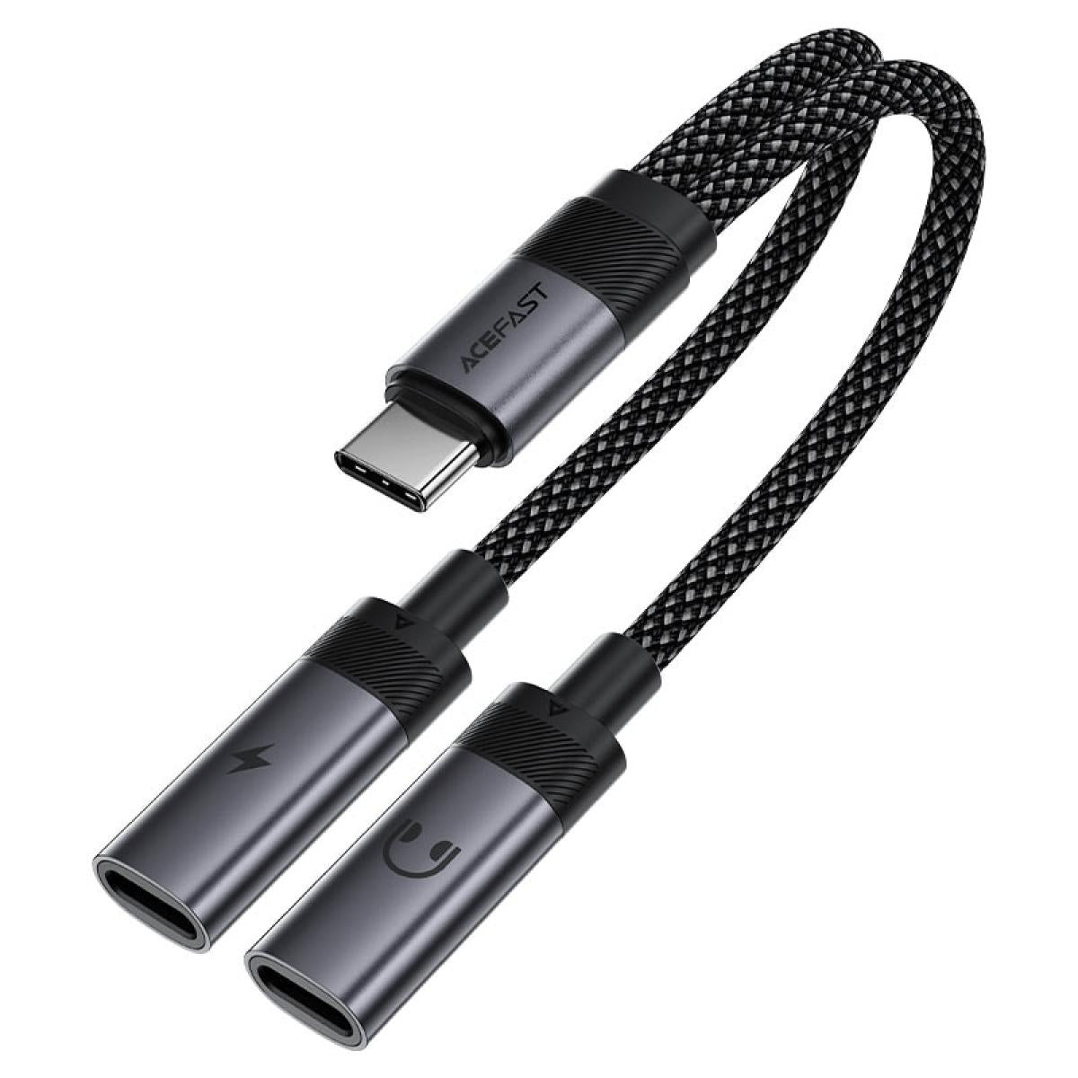 Acefast J14 - USB-C To 2x USB-C, 60W Fast Charging, Hi-Fi Audio, Aluminum Alloy, Plug & Play - Black