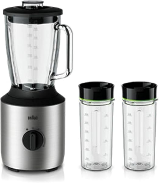 Braun Blender 800 W Variable speed dial and Pulse 1.5 L Glass With 2 Smoothie to go cups Silver