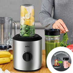 Braun Blender 800 W Variable speed dial and Pulse 1.5 L Glass With 2 Smoothie to go cups Silver