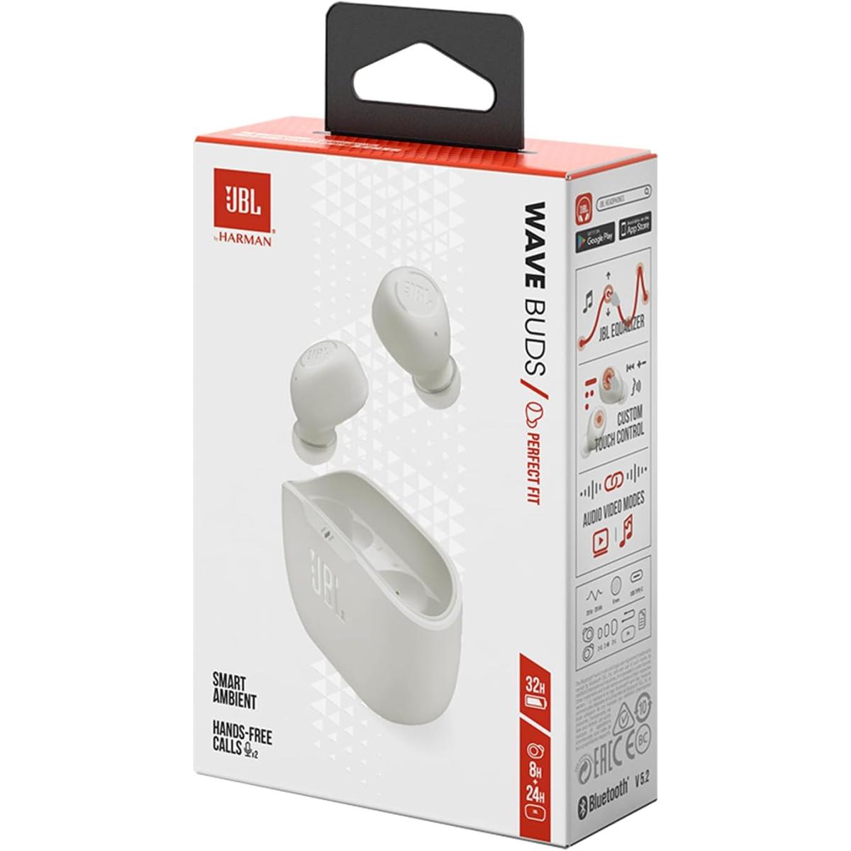 JBL Wave Buds True Wireless Earbuds | Deep Bass | Comfortable Fit | 32H Battery | Smart Ambient Technology | Hands-Free Call | Water and Dust Resistant | White JBL Wave Buds True Wireless Earbuds | Deep Bass | Comfortable Fit | 32H Battery | Smart Ambient Technology | Hands-Free Call | Water and Dust Resistant | White