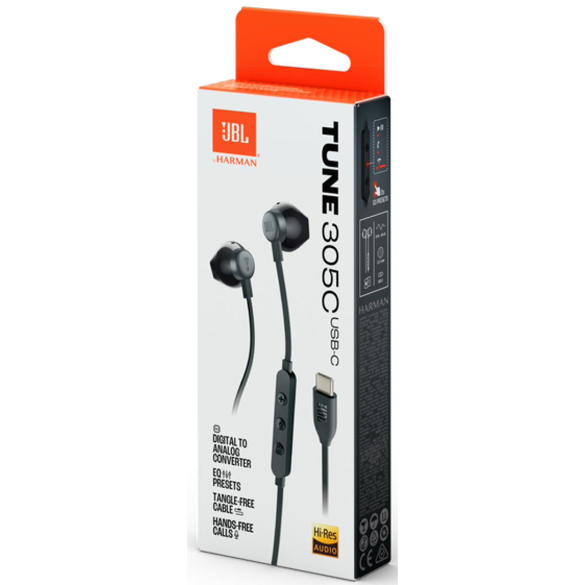 Jbl Tune 305c Usb Wired Hi Res Headphones, 12.5 Mm Dynamic Driver, Eq Presets Control, Tangle Free Flat Cable, 20hz 40 Khz Frequency Response, Built In Mic, Usb C Conneivity, Black