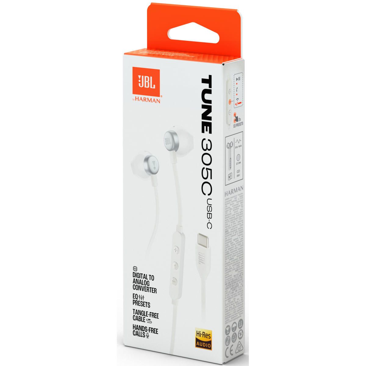 Jbl Tune 305c Usb Wired Hi Res Headphones, 12.5 Mm Dynamic Driver, Eq Presets Control, Tangle Free Flat Cable, 20hz 40 Khz Frequency Response, Built In Mic, Usb C Conneivity, White