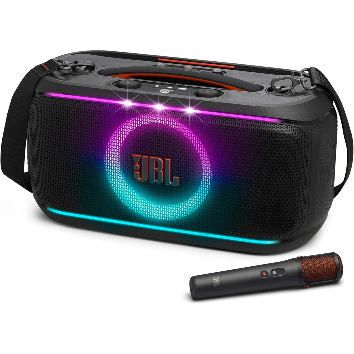 JBL PartyBox On-The-Go 2 - Portable Party Speaker with one Wireless Digital mic, Handle and a Shoulder Strap, Dynamic lightshow, Up to 15 Hours Playtime, Splash Proof & Auracast™ (Black)