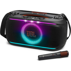 JBL PartyBox On-The-Go 2 - Portable Party Speaker with one Wireless Digital mic, Handle and a Shoulder Strap, Dynamic lightshow, Up to 15 Hours Playtime, Splash Proof & Auracast™ (Black)