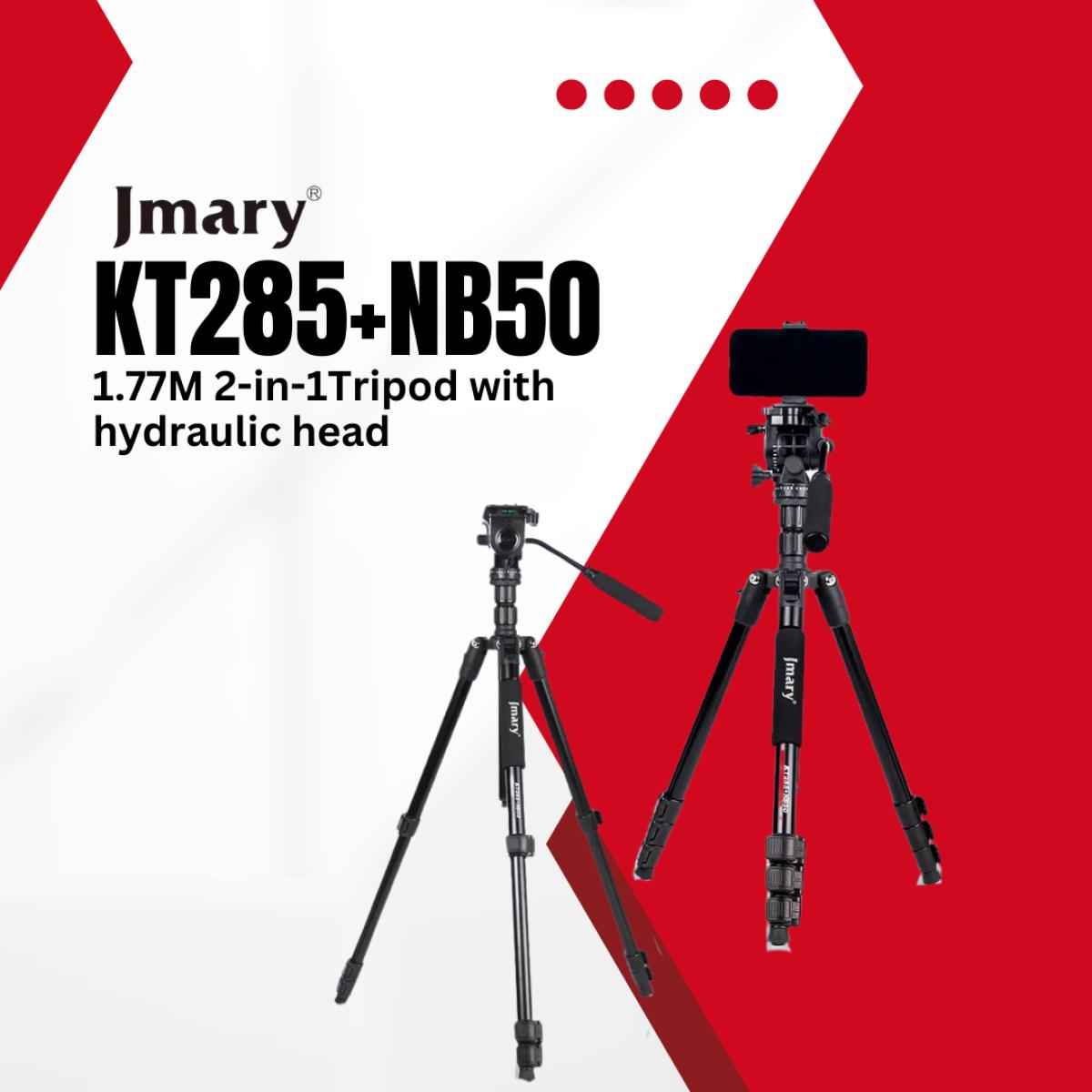Jmary Professional 2 In 1 Tripod & Monopod Kt285+nb50 With Fluid Hydraulic Head, Adjustable Height Max. 175cm, Compa Foldable 44.5cm, Heavy Duty Stable Stand Black