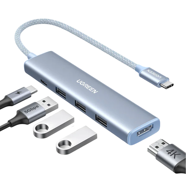 Ugreen 35581 Usb C To 5 In 1 Multiport Adapter 4k30hz 100w Usb C Pd, & 3x 5gbps Usb A Blue