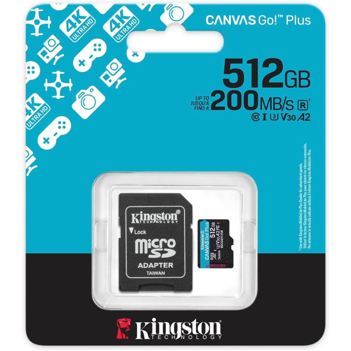 Kingston 512GB microSDXC Canvas Go Plus 200MB/s Read UHS-I C10 U3, V30 Memory Card