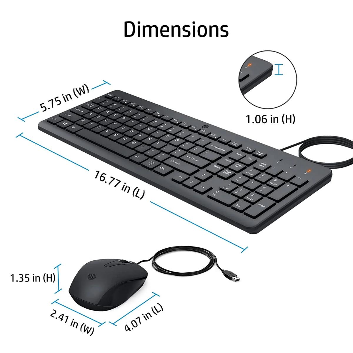 HP 150 Wired Keyboard & Mouse Combo USB 12 Shortcut Keys 6° Adjustable Slope Keyboard & 1600 DPI Optical Sensor Mouse