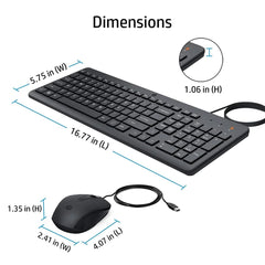 HP 150 Wired Keyboard & Mouse Combo USB 12 Shortcut Keys 6° Adjustable Slope Keyboard & 1600 DPI Optical Sensor Mouse