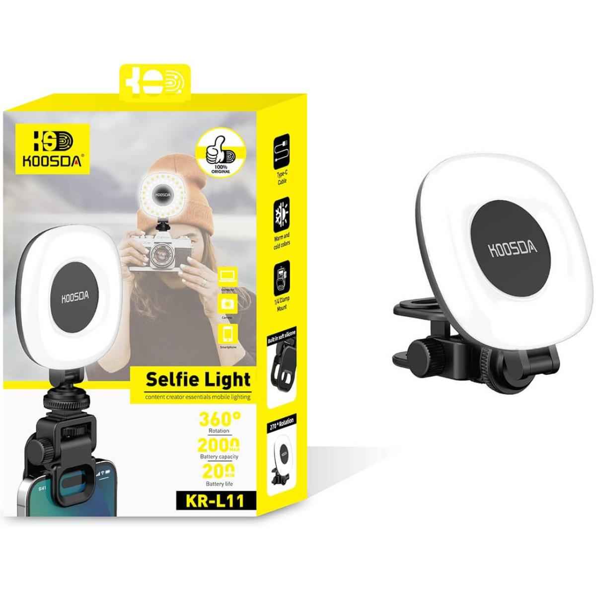 Koosda Kr L11 Rechargeable Led Selfie Fill Light | Clip On Phone Light 9 Brightness Levels & 3 Color Modes. Perfe For Phones, Video Calls, Vlogging & Streaming.