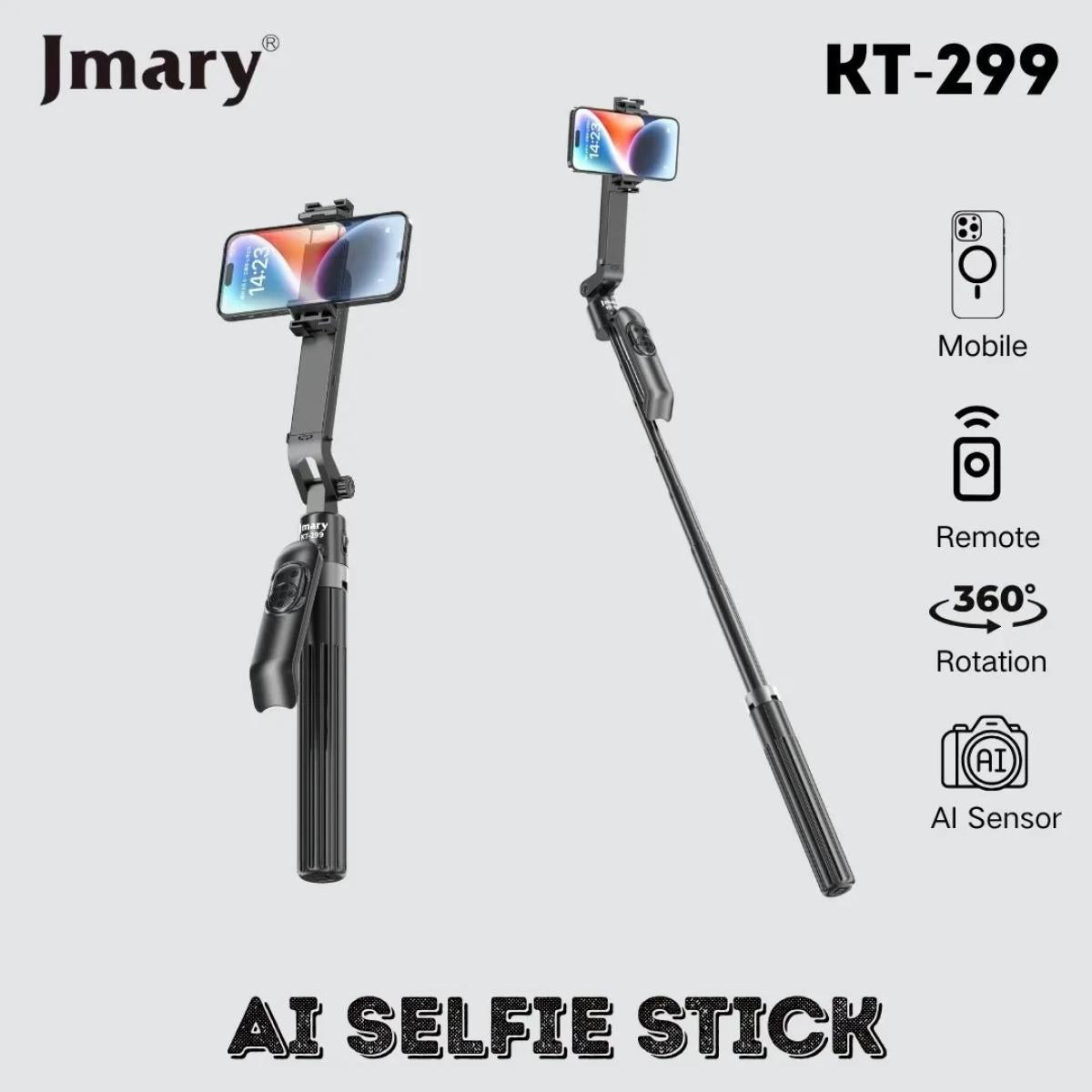 Jmary Kt 299 Rotation Smart Tripods Al Face Sensor Selfie Stick Tripod Upto 1.8 Meter Long 360° Horizontal Black Jmary Kt 299 Rotation Smart Tripods Al Face Sensor Selfie Stick Tripod Upto 1.8 Meter Long 360° Horizontal Black
