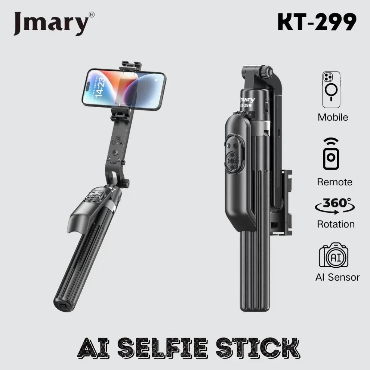 Jmary Kt 299 Rotation Smart Tripods Al Face Sensor Selfie Stick Tripod Upto 1.8 Meter Long 360° Horizontal Black Jmary Kt 299 Rotation Smart Tripods Al Face Sensor Selfie Stick Tripod Upto 1.8 Meter Long 360° Horizontal Black